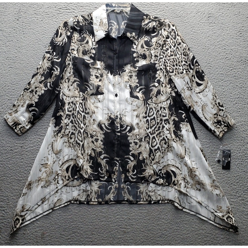 AZI New York Blouse Top Womens XS‎ Multi Printed Sheer Collared SharkBite Hem